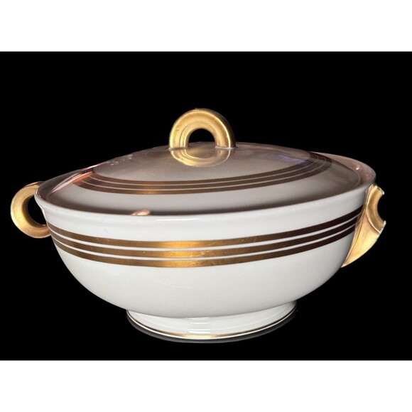 Covered White and Gold Accented Bowl w/ Handles By Jean Luce Paris France Vtg - Picture 2 of 11